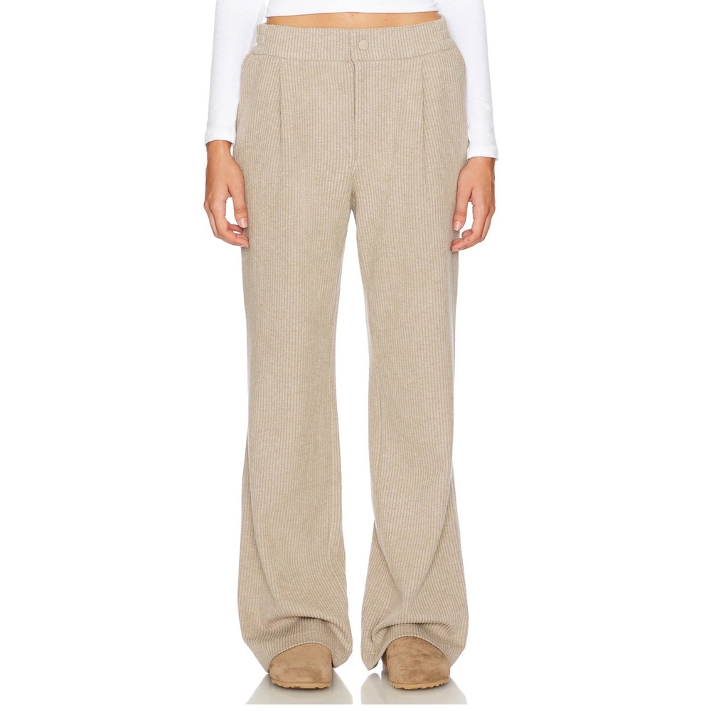Varley Women High Rise Ribbed Wide Leg Pants Sand Beige XL Rib Knit Trousers